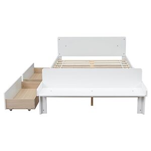 LostCat Full Bed with Storage, Full Bed Frames with 2 Drawers, Full Storage Bed Frame with Footboard Bench & Headboard, Full Bed for Kids, Kids Bed with Storage Drawers, No Box Spring Needed, White