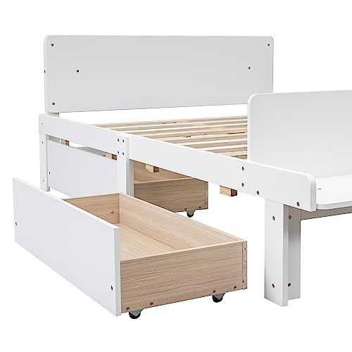 LostCat Full Bed with Storage, Full Bed Frames with 2 Drawers, Full Storage Bed Frame with Footboard Bench & Headboard, Full Bed for Kids, Kids Bed with Storage Drawers, No Box Spring Needed, White