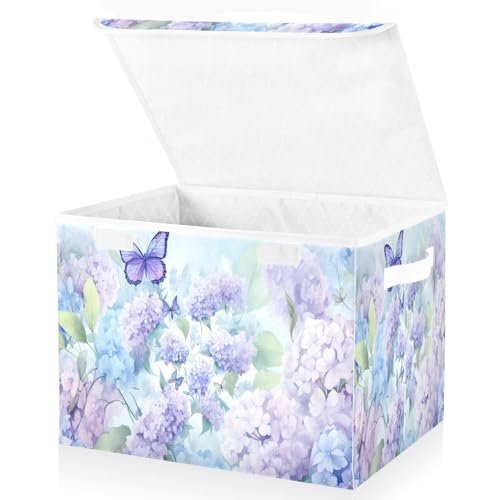 senya Baskets Collapsible Storage Bins with Lids, Purple Hydrangea Butterfly Storage Boxes Clothes Baskets for Organizing, B06D22020