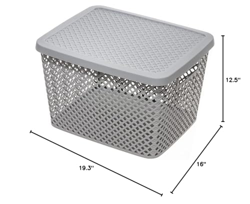 LYLSTE extra large decorative plastic storage basket with lid (Gray), YST-010