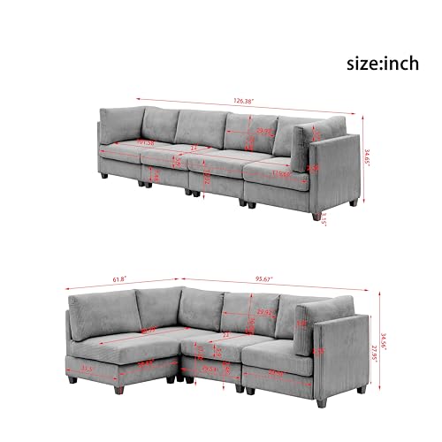 Eafurn Oversized Reversible Modular Sectional Sofa with Movable Ottoman, L Shaped Corner Couch with Detachable Seat & Back Cushion, Corduroy Upholstery Convertible Sleeper Sofa&Couch for Living Room