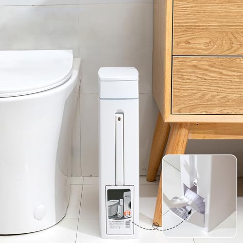 EXCBIOZ Trash Can,Bathroom Trash Can with Toilet Brush Holder Press-Type Plastic Garbage Can Slim Rectangular Trash Bin for Toilet Kitchen, 7.99x4.25x16.54in, White