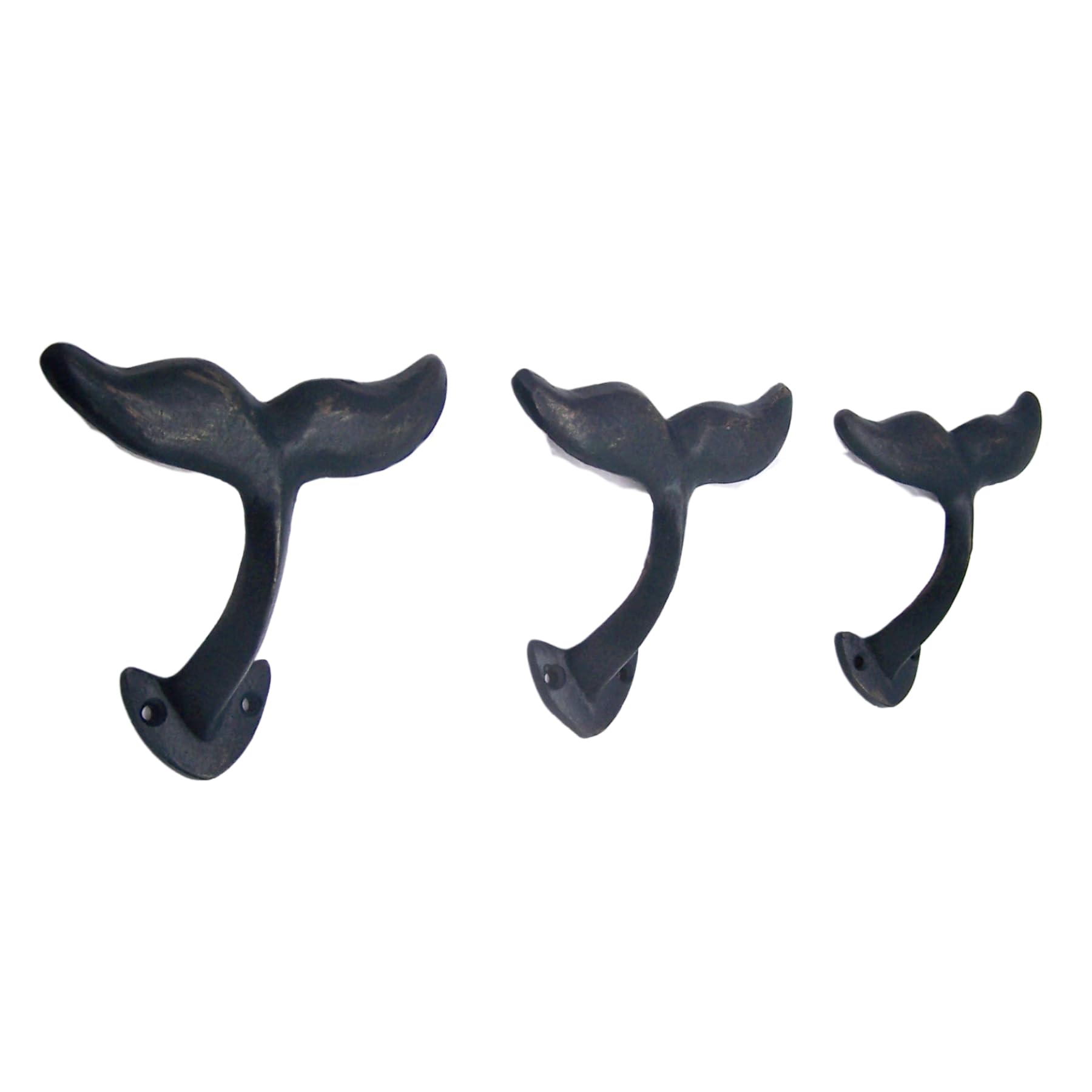 Wowser Navy Blue Whale Tail Cast Iron Wall Hooks, Wall Mounted Decoration, Beach Themed Wall Décor, Set of 3, 4.5 Inches High