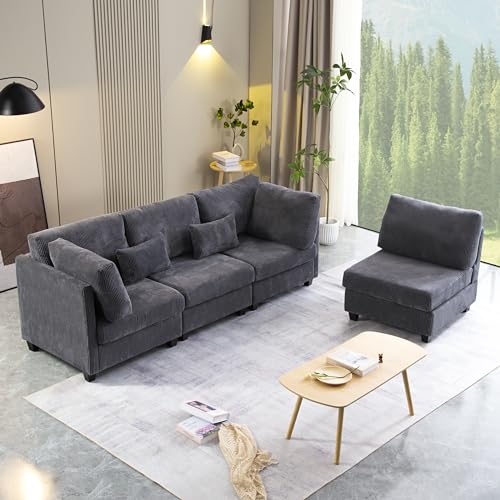 Eafurn Oversized Reversible Modular Sectional Sofa with Movable Ottoman, L Shaped Corner Couch with Detachable Seat & Back Cushion, Corduroy Upholstery Convertible Sleeper Sofa&Couch for Living Room