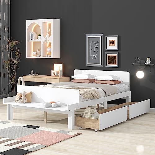 LostCat Full Bed with Storage, Full Bed Frames with 2 Drawers, Full Storage Bed Frame with Footboard Bench & Headboard, Full Bed for Kids, Kids Bed with Storage Drawers, No Box Spring Needed, White