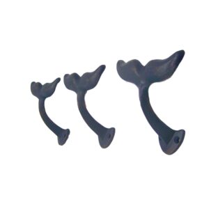 Wowser Navy Blue Whale Tail Cast Iron Wall Hooks, Wall Mounted Decoration, Beach Themed Wall Décor, Set of 3, 4.5 Inches High