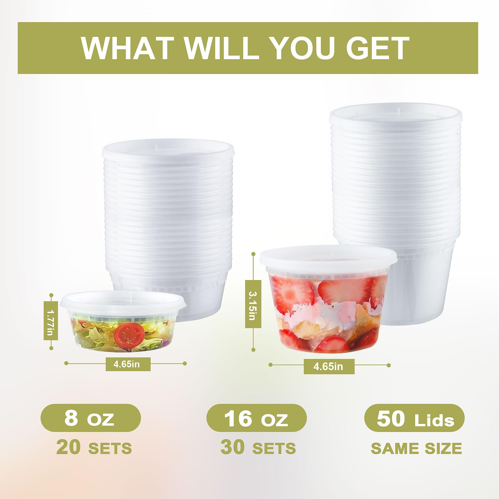 Ezalia Deli Containers with Lids 50 Sets - Pint Plastic Soup Containers 16oz 8oz Clear Food Storage Containers with Lids Leakproof, Reusable Take Out for Restaurant, Microwave/Freezer/Dishwasher Safe