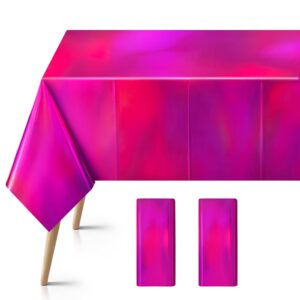 2 pcs hot pink iridescent plastic tablecloths, disposable shiny 54" x 72" laser holographic rectangle table cover, foil table cloth for party decoration, birthday, bachelorette, bridal, wedding