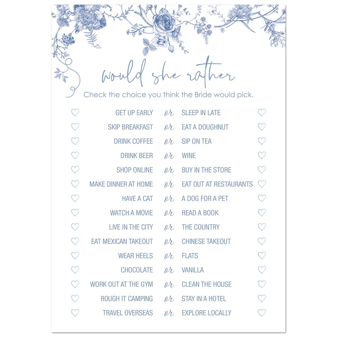 InvitationHouse 24 Blue Floral Bridal Shower Games (Would She Rather)