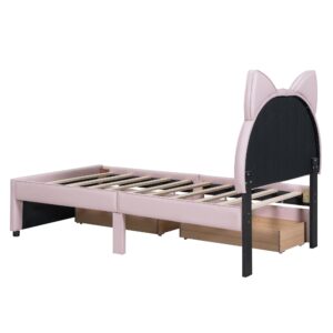 NCKMYB Twin Size Upholstered Bed for Kids, PU Leather Girl's Platform Bed with Cat Ears Shaped Headboard, Low Kids Bed Princess Bed for Girl Toodler Junior, Pink