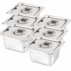 generic 6 pack steam table pan, 4in deep 1/6 size stainless steel food pan stackable catering pan with lid for restaurant, hotel, buffet, party supplies, 1.5l capacity, silver, khj93