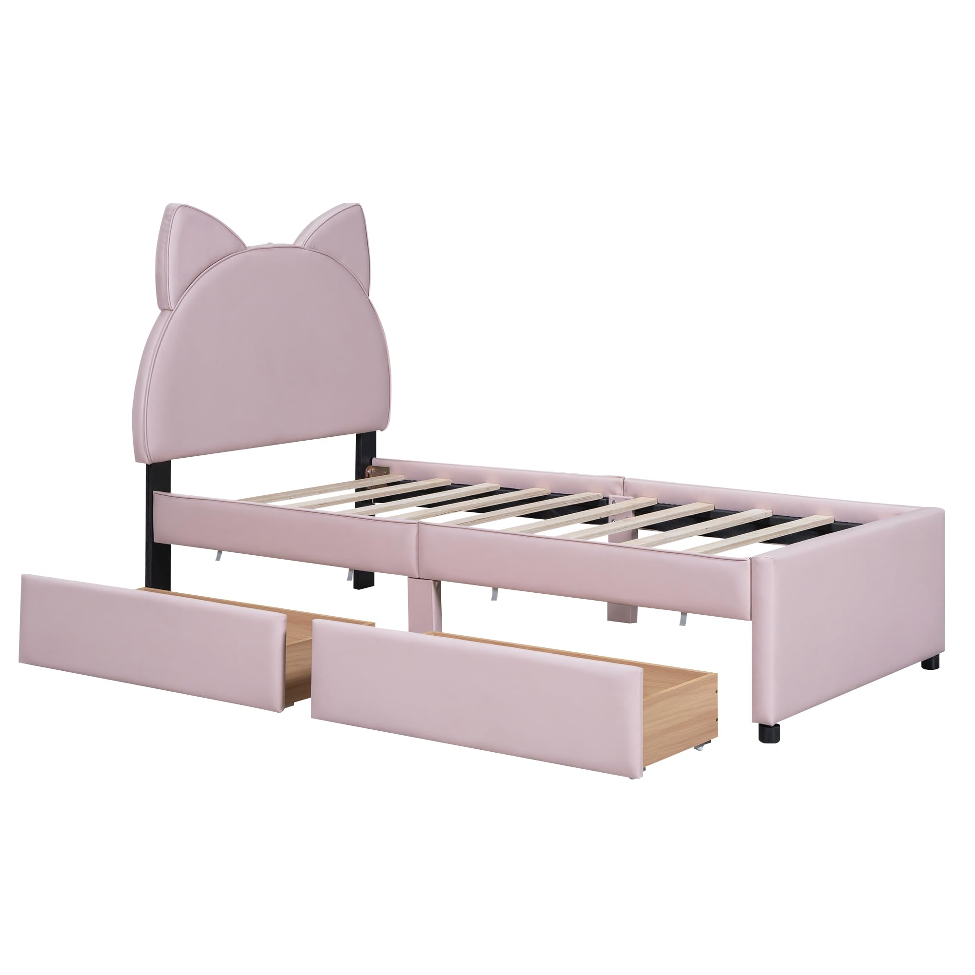 NCKMYB Twin Size Upholstered Bed for Kids, PU Leather Girl's Platform Bed with Cat Ears Shaped Headboard, Low Kids Bed Princess Bed for Girl Toodler Junior, Pink