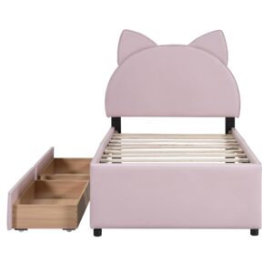 NCKMYB Twin Size Upholstered Bed for Kids, PU Leather Girl's Platform Bed with Cat Ears Shaped Headboard, Low Kids Bed Princess Bed for Girl Toodler Junior, Pink