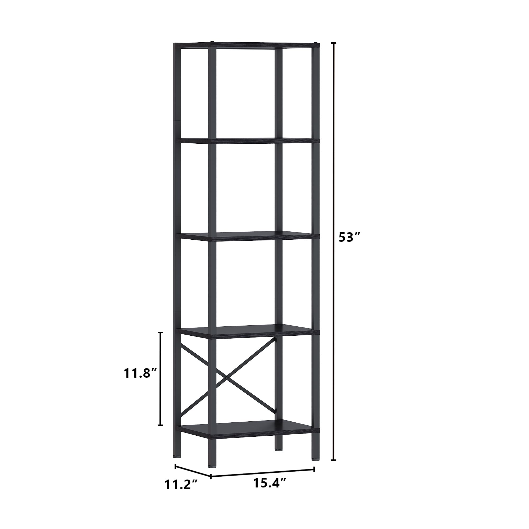 JARHETUN 5-Tier Bookshelf, Tall Narrow Bookcase with LED Lights, Book Shelf with Steel Frame, Display Storage Shelf for Living Room, Bedroom, Home Office, Study, Balcony, Black