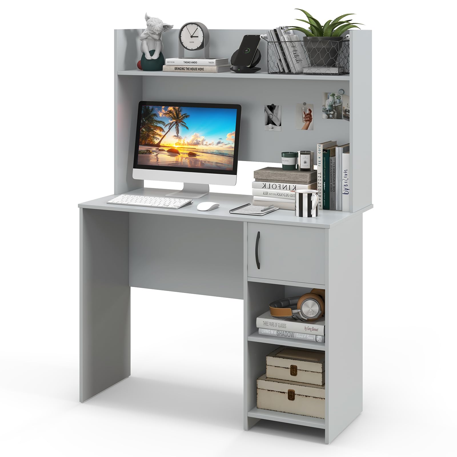 Tangkula Computer Desk with Hutch, Home Office Desk with Raised Display Shelf & 2 Open Shelves, Cabinet with Door, Cable Management Holes, Modern Laptop PC Desk, Study Writing Desk for Bedroom (Gray)