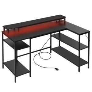 Panana L Shaped Gaming Desk with LED Lights & Power Outlets, Reversible Computer Desk with Stand & Shelves, Corner Desk Home Office Desk with USB Charging Port (Black)