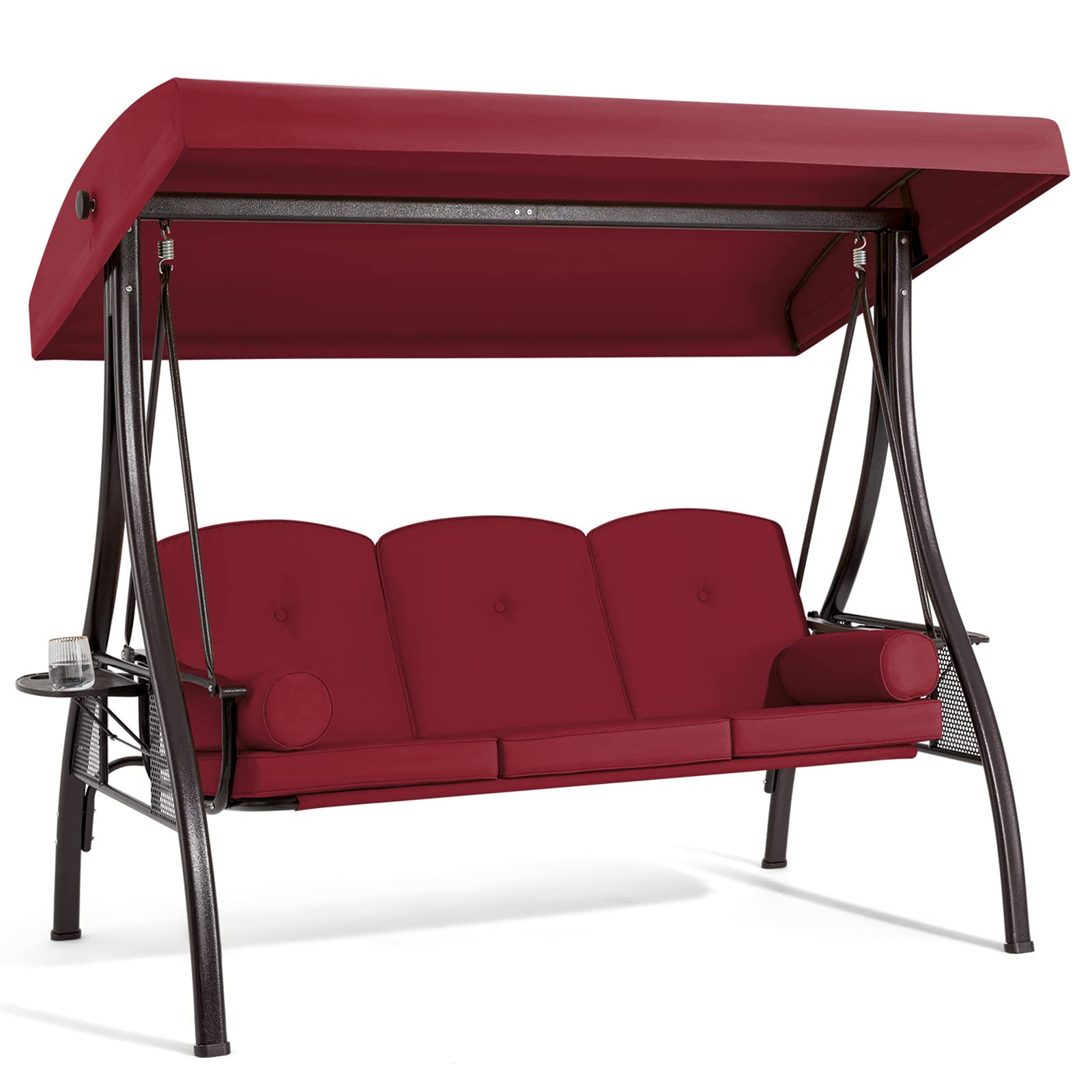 HOMREST 3 Seat Outdoor Porch Swing,Adjustable Canopy Porch Swings,Outdoor Swing with Stand, Patio Glider Chair with Thicken Cushions,Pillow & Cup Holder(Wine Red)