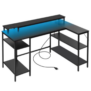 Panana L Shaped Gaming Desk with LED Lights & Power Outlets, Reversible Computer Desk with Stand & Shelves, Corner Desk Home Office Desk with USB Charging Port (Black)