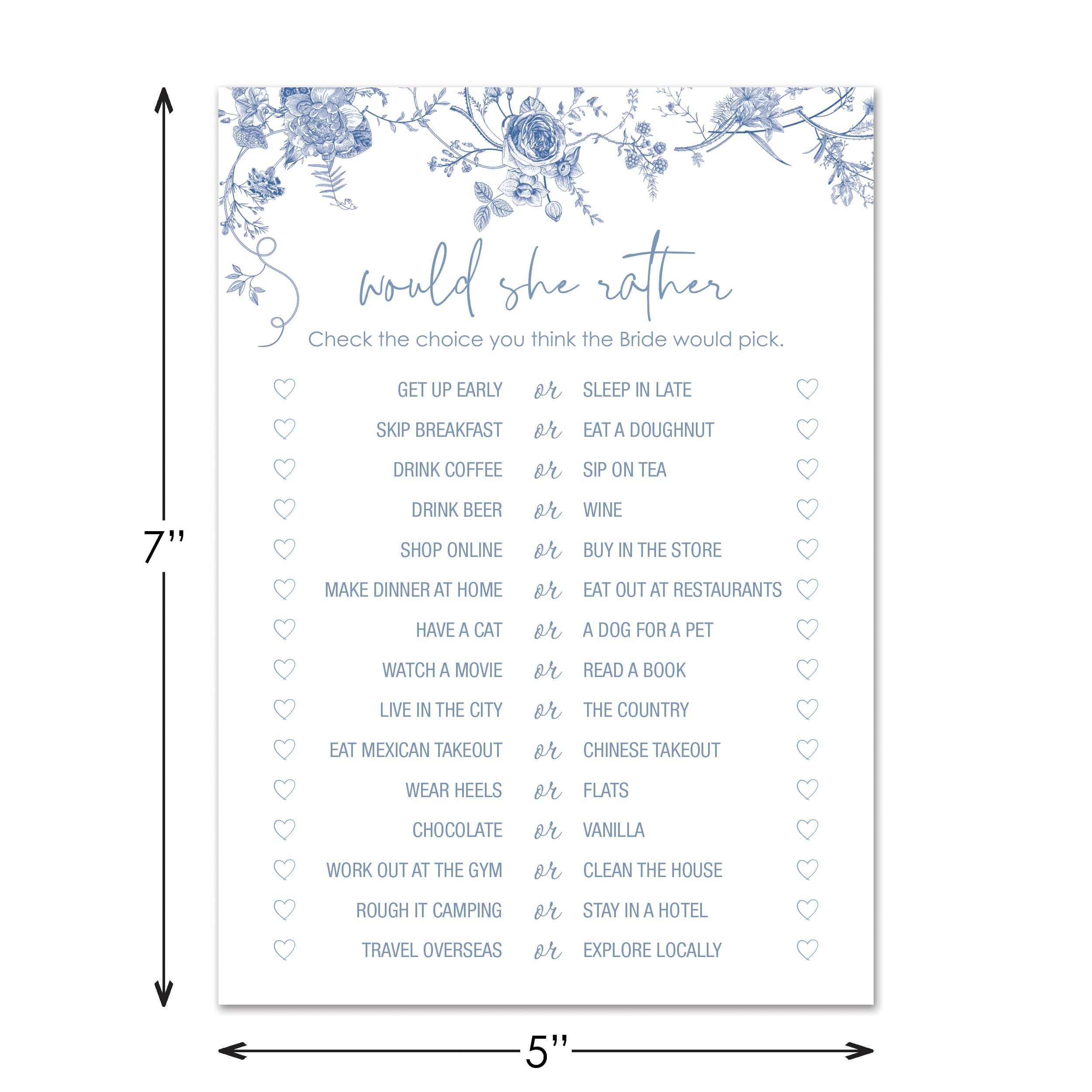 InvitationHouse 24 Blue Floral Bridal Shower Games (Would She Rather)