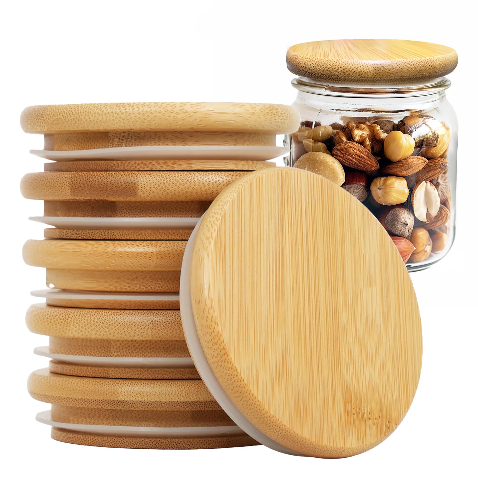 Mason Jar Bamboo Lids, 70mm/2.8 inch Natural Wooden Mason Jar Lids, Food Grade Material Silicone Sealing, 100% Fit and Airtight for Regular Mouth Mason Jars (6PCS Regular Lids)