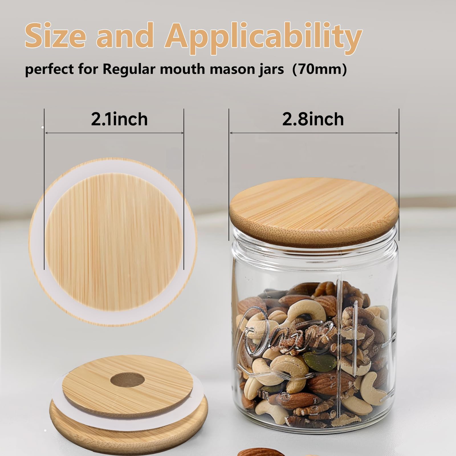 Mason Jar Bamboo Lids, 70mm/2.8 inch Natural Wooden Mason Jar Lids, Food Grade Material Silicone Sealing, 100% Fit and Airtight for Regular Mouth Mason Jars (6PCS Regular Lids)