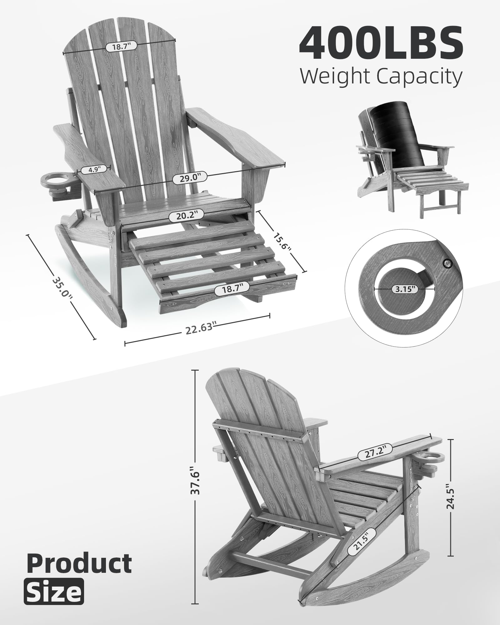 Serique Folding Adirondack Rocking Chair,4-in-1 Multifunctional Patio Chair with Retractable Ottoman, Outdoor Chair Wood Texture, Lawn Chair for Porch, Backyard, Pool(Grey)