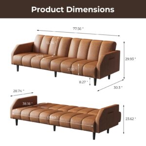 Fadware 78'' Futon Sofa Bed Couch, 2 Seater Faux Leather Futon Sleeper Couches with Adjustable Sofa Backrest, Convertible Loveseat Sofa Bed for Living Room, Bedroom, Office, Loft, Brown