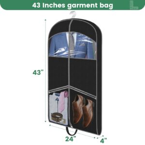 Carbrea Garment Bags for Travel - 43 Inches Hanging Garment Bag with 2 Mesh Pockets Gusseted Suit Bag with 2 Clear Windows Handles Dance Bag Clothing Storage Bags for Men Women Travel Storage 2 Pack