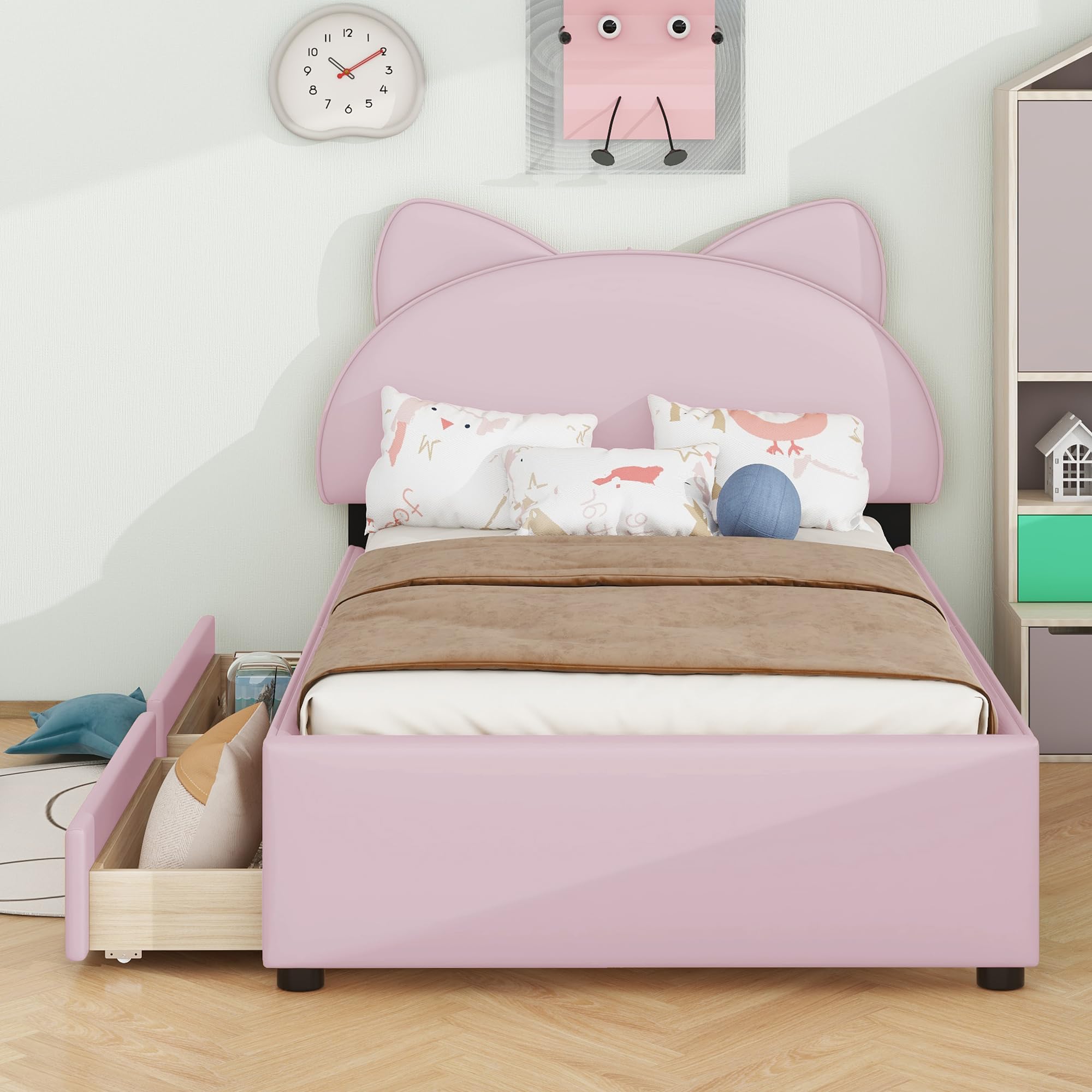 NCKMYB Twin Size Upholstered Bed for Kids, PU Leather Girl's Platform Bed with Cat Ears Shaped Headboard, Low Kids Bed Princess Bed for Girl Toodler Junior, Pink