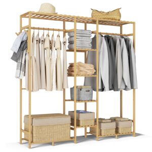 athena collection 59" bamboo garment rack multi tier clothes rack storage shelves with side hook & pants rack, heavy duty clothing hanging rack freestanding indoor wardrobe closet organizer, natural