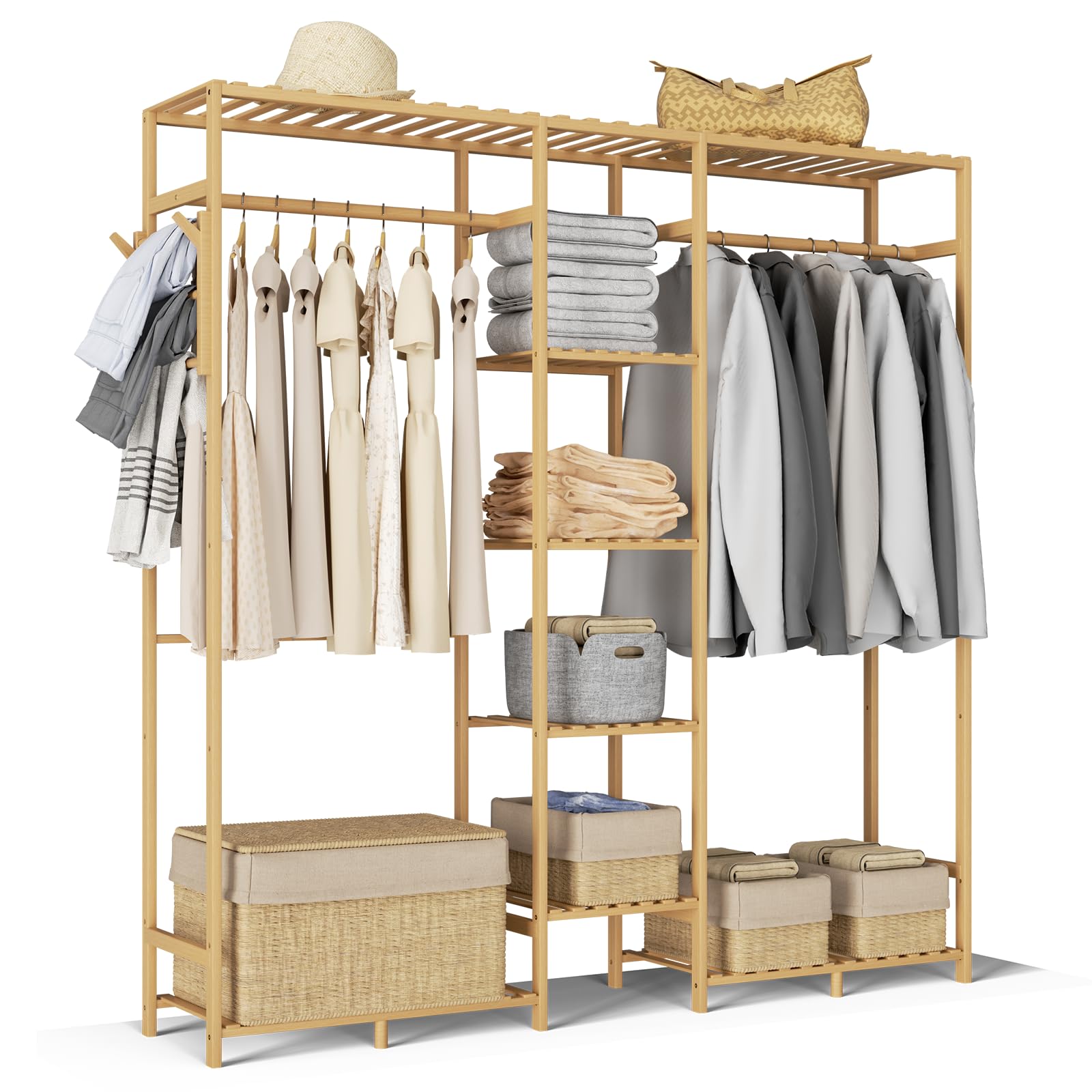 Athena Collection 59" Bamboo Garment Rack Multi Tier Clothes Rack Storage Shelves with Side Hook & Pants Rack, Heavy Duty Clothing Hanging Rack Freestanding Indoor Wardrobe Closet Organizer, Natural