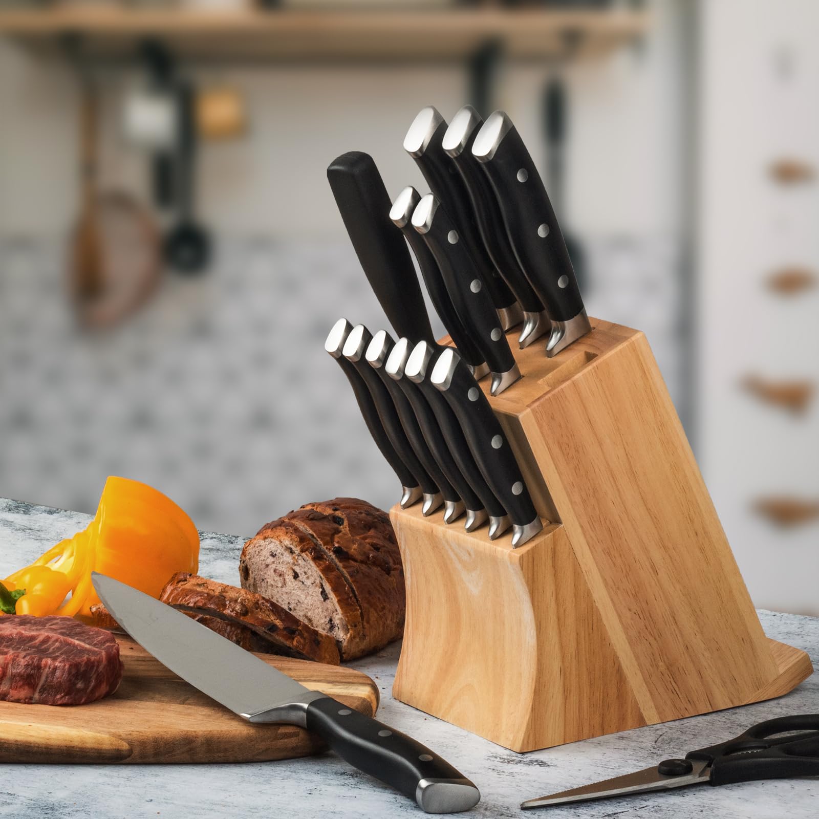 Alata 15-Piece Knife Set with Block, Razor-Sharp,Kitchen Knife Set, Forged Triple Rivet Stainless Steel Knife Block Set