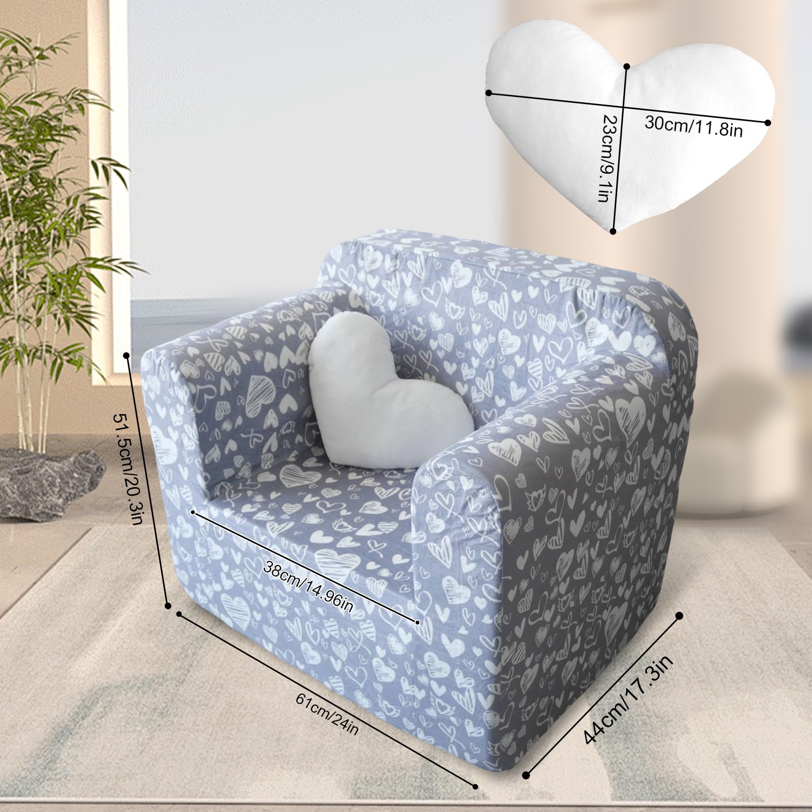 Stranthother Kids Couch Chair Sofa for Kids High Back Toddler Chair with Love Throw Pillow Toddler Comfort Chair Floor Couch Armchair Play Couch Mini Sofa 25.25"X 20"X 24" Grey