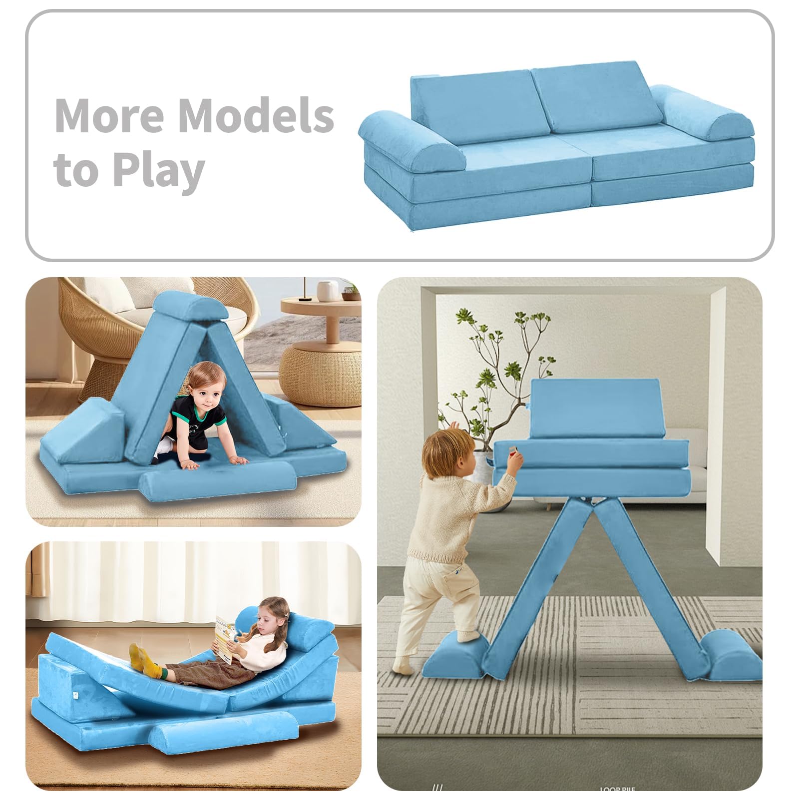 hoopyosms 10 pcs Modular Kids Play Couch, Toddlers Play Couch for Fun Play Time, Convertible Kids Foam Sofa for Playroom Bedroom, Indoor Use