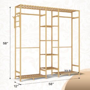 Athena Collection 59" Bamboo Garment Rack Multi Tier Clothes Rack Storage Shelves with Side Hook & Pants Rack, Heavy Duty Clothing Hanging Rack Freestanding Indoor Wardrobe Closet Organizer, Natural