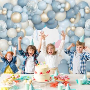 iLaFm 150Pcs Dusty Baby Blue Balloon Arch Garland Kit, Sand White Slate Fog Pastel Baby Blue Balloons Metallic Gold for Boy Baby Bridal Shower Birthday Wedding Party Decorations