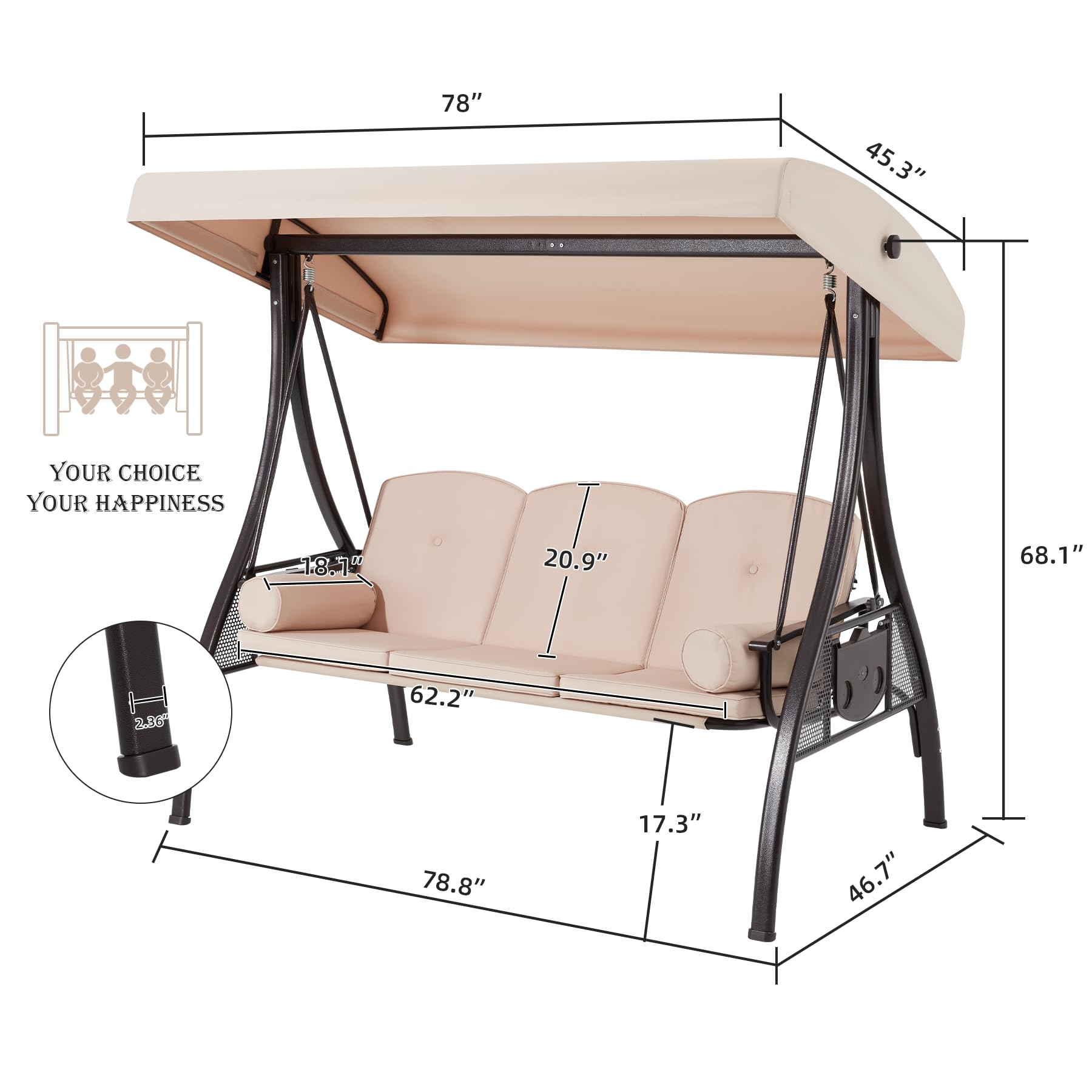 HOMREST 3 Seat Outdoor Porch Swing,Adjustable Canopy Porch Swings,Outdoor Swing with Stand, Patio Glider Chair with Thicken Cushions,Pillow & Cup Holder(Khaki)