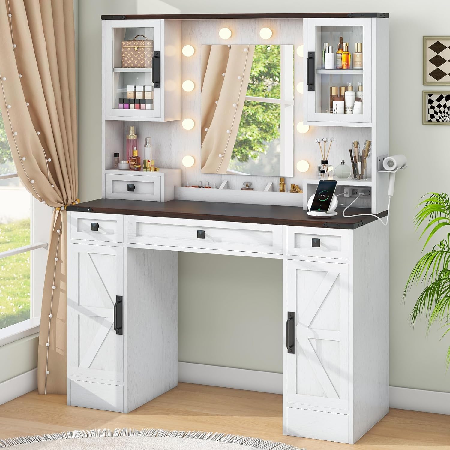 Farmhouse Makeup Vanity with Mirror and Lights,43" Wide Vanity Desk with Power Strip,Vanity Table with 4 Drawers and Cabinets,3 Color Modes & Adjustable Brightness, Makeup Table for Bedroom