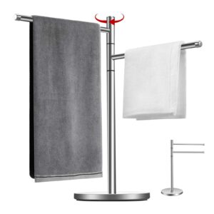 juexica stainless steel hand towel holder stand f shape freestanding towel rack with base towel hanger stand 2 swivel arms free standing towel bar for bathroom kitchen countertop