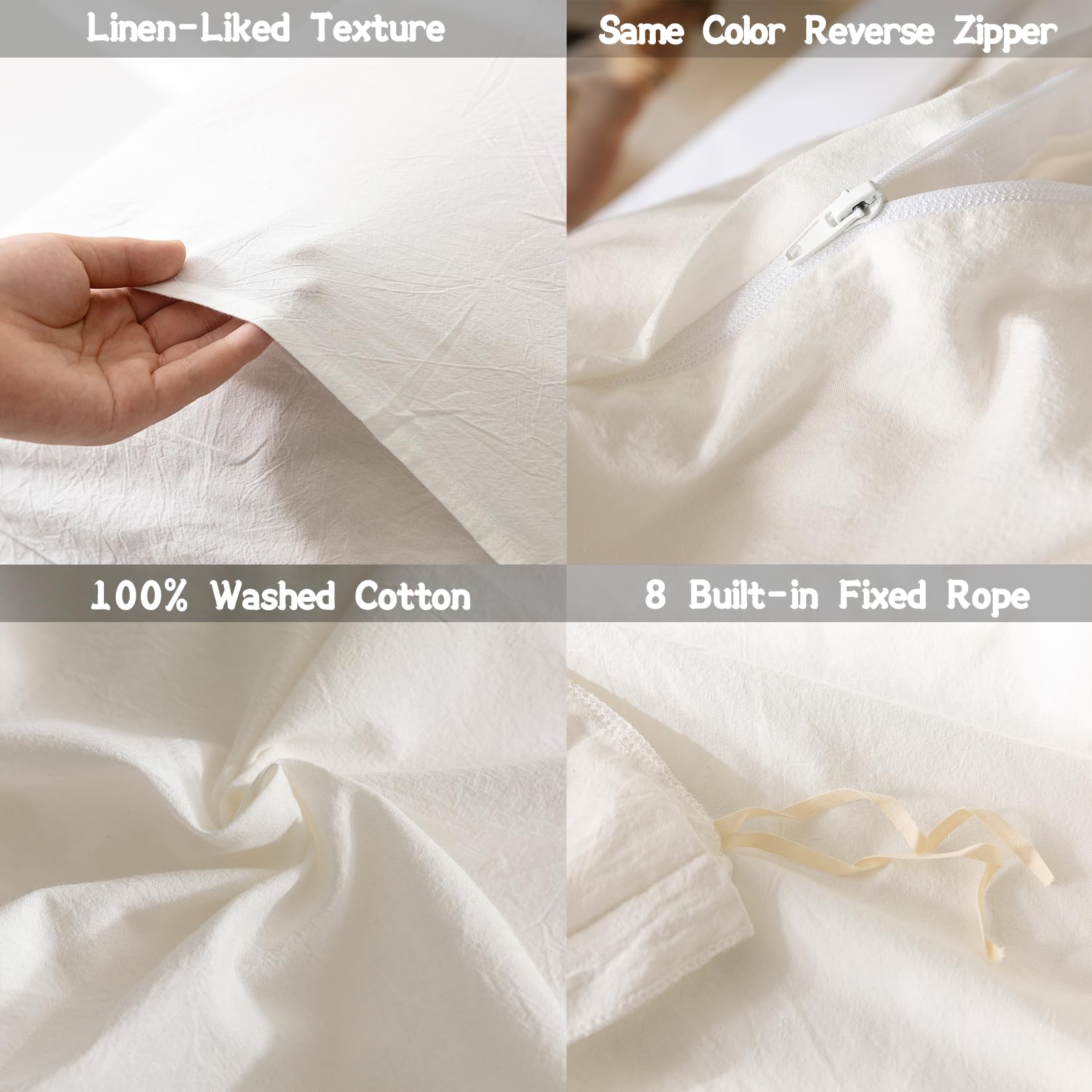 BDEAR Linen Feel Duvet Cover Queen Size, 100% Washed Cotton Comforter Cover Size 90x90inch with Zipper Closure and 2 Pillowcases, Solid-Off White