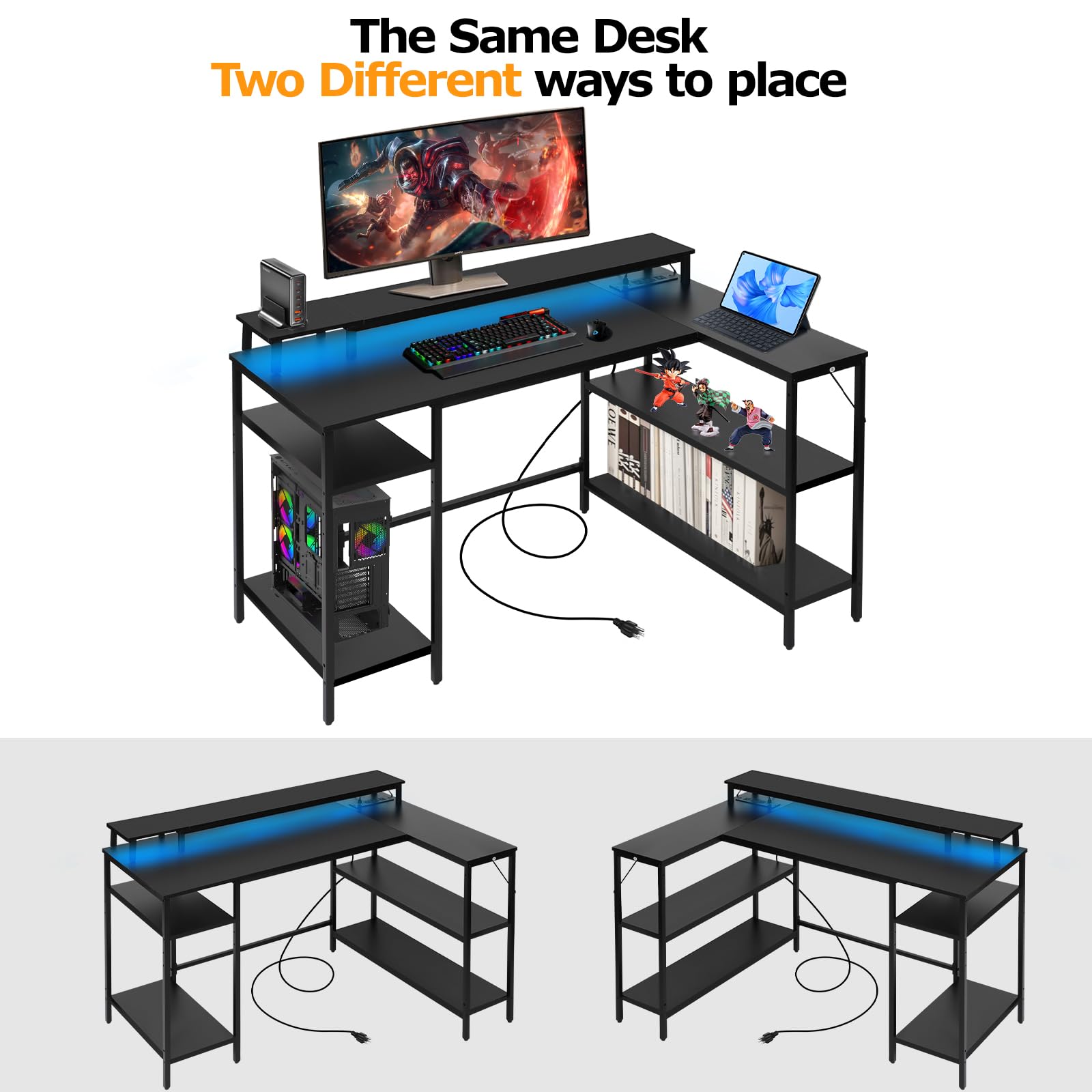 Panana L Shaped Gaming Desk with LED Lights & Power Outlets, Reversible Computer Desk with Stand & Shelves, Corner Desk Home Office Desk with USB Charging Port (Black)