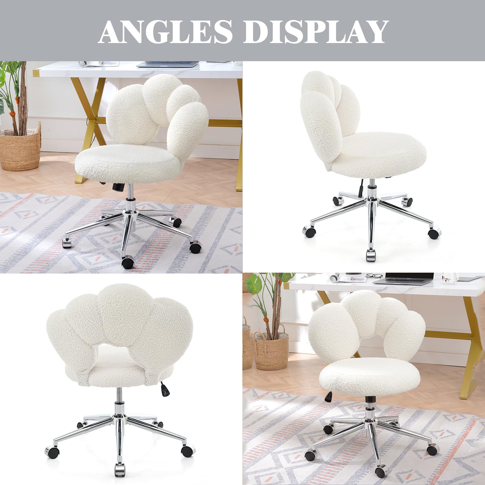 Home Office Chair, Criss Cross Chair with Wheels, Cross Legged Office Chair Armless Desk Chair with Height Adjustable, 360 Swivel Fabric Vanity Chair for Home, Office, Small Space, Bed Room, White