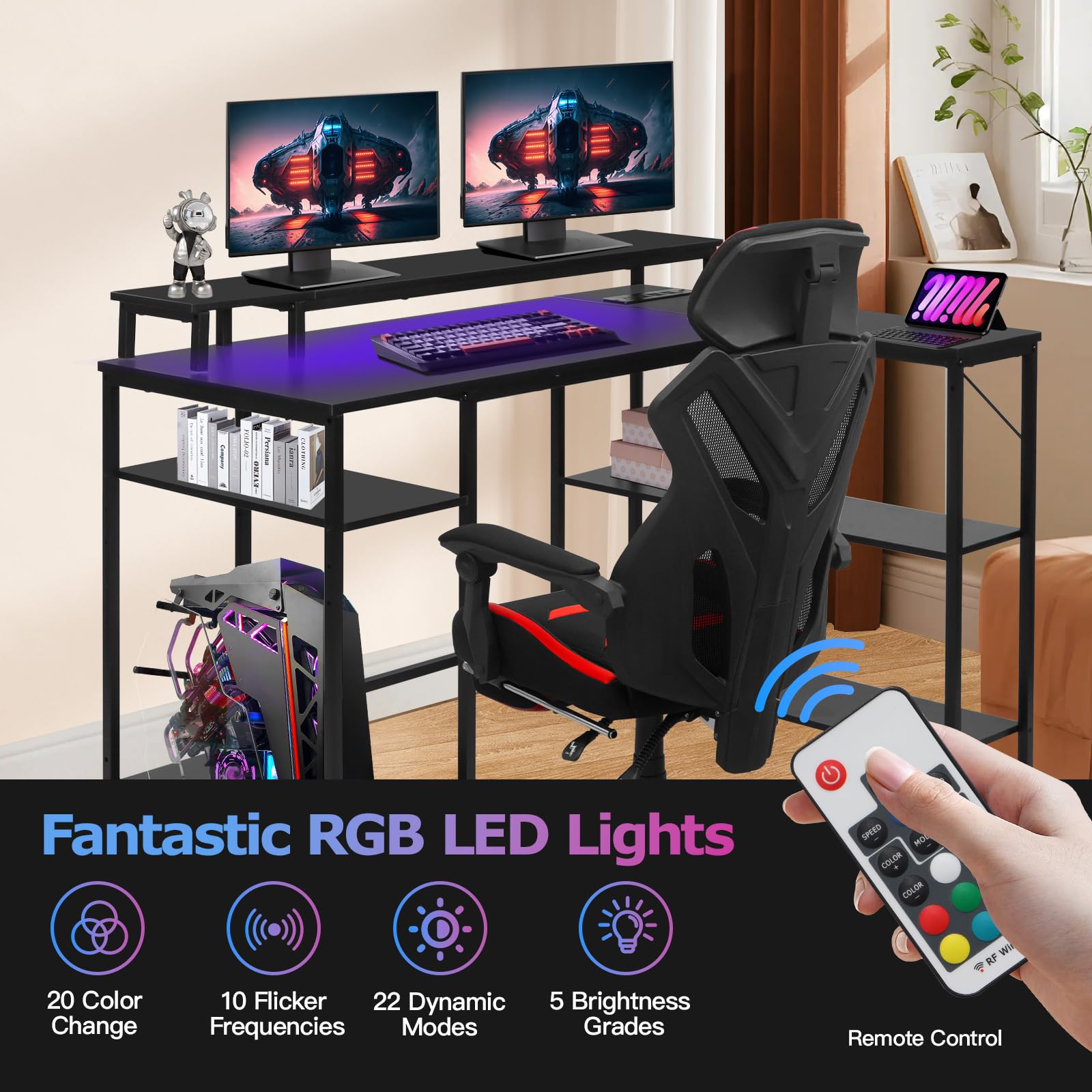 Panana L Shaped Gaming Desk with LED Lights & Power Outlets, Reversible Computer Desk with Stand & Shelves, Corner Desk Home Office Desk with USB Charging Port (Black)