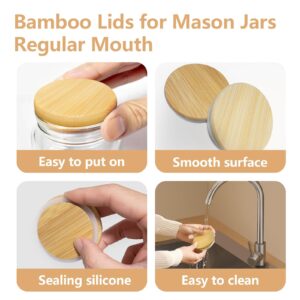 Mason Jar Bamboo Lids, 70mm/2.8 inch Natural Wooden Mason Jar Lids, Food Grade Material Silicone Sealing, 100% Fit and Airtight for Regular Mouth Mason Jars (6PCS Regular Lids)