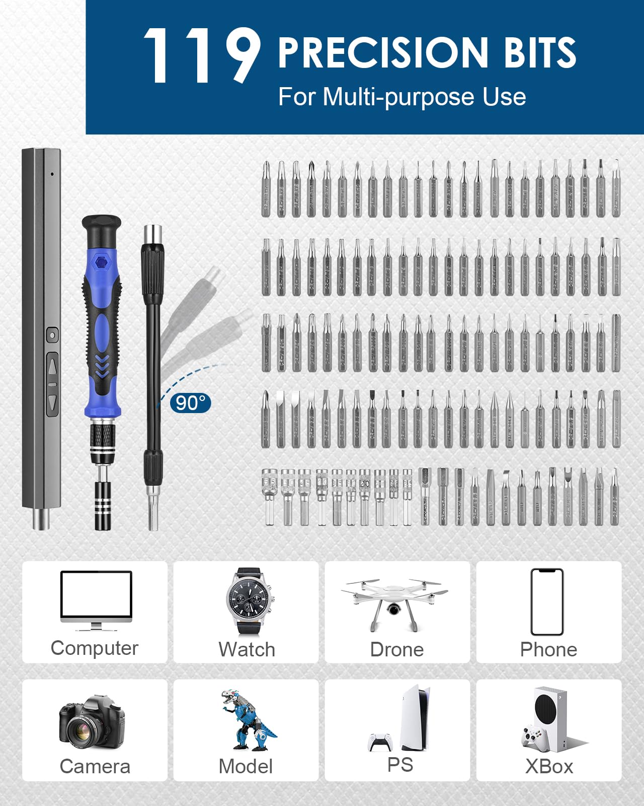 Vastar Electric Screwdriver, 152 in 1 Cordless Mini Precision Screwdriver Set with 119 Magnetic Precision Bits, Rechargeable Portable Repair Tool Kit with LED Lights for Electronics Phones