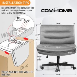 COMHOMA Criss Cross Chair with Wheels, Armless Wide Cross Legged Office Chair Mid Back, Modern Home Office Desk Chair Swivel Adjustable Vanity Computer Chair, Gray Velvet