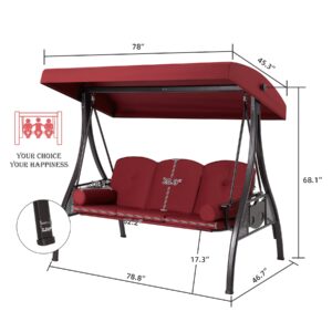 HOMREST 3 Seat Outdoor Porch Swing,Adjustable Canopy Porch Swings,Outdoor Swing with Stand, Patio Glider Chair with Thicken Cushions,Pillow & Cup Holder(Wine Red)