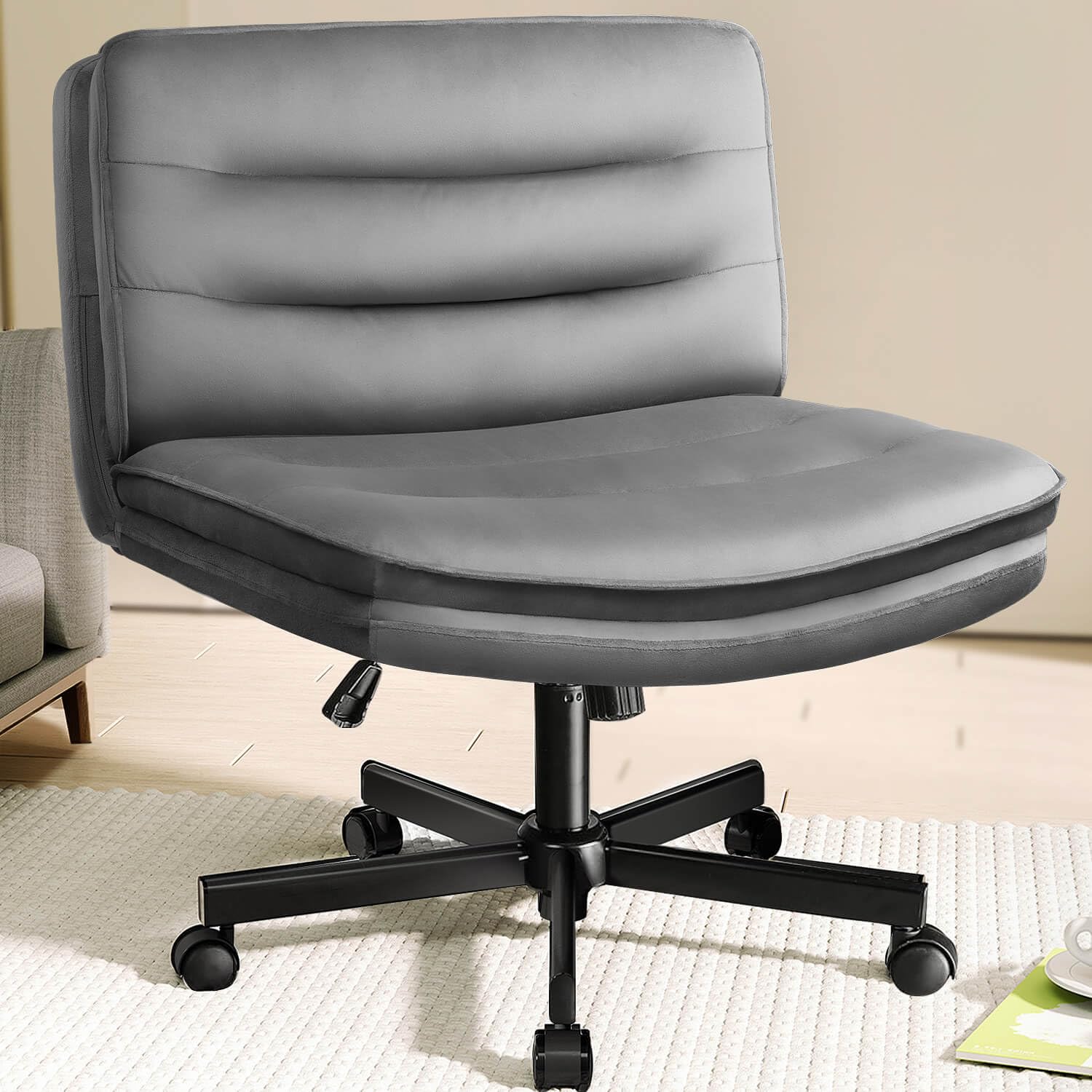 COMHOMA Criss Cross Chair with Wheels, Armless Wide Cross Legged Office Chair Mid Back, Modern Home Office Desk Chair Swivel Adjustable Vanity Computer Chair, Gray Velvet