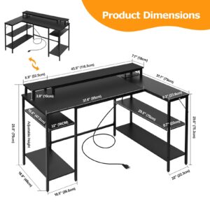 Panana L Shaped Gaming Desk with LED Lights & Power Outlets, Reversible Computer Desk with Stand & Shelves, Corner Desk Home Office Desk with USB Charging Port (Black)