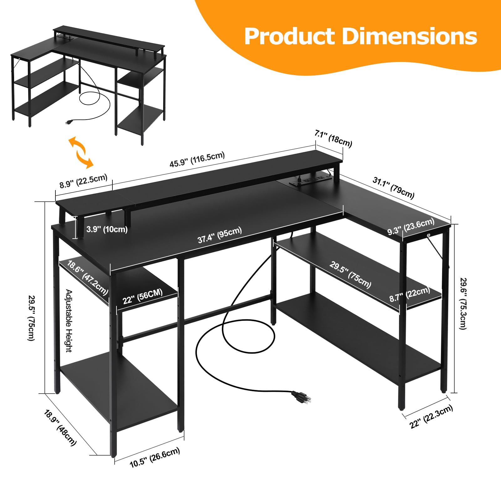 Panana L Shaped Gaming Desk with LED Lights & Power Outlets, Reversible Computer Desk with Stand & Shelves, Corner Desk Home Office Desk with USB Charging Port (Black)